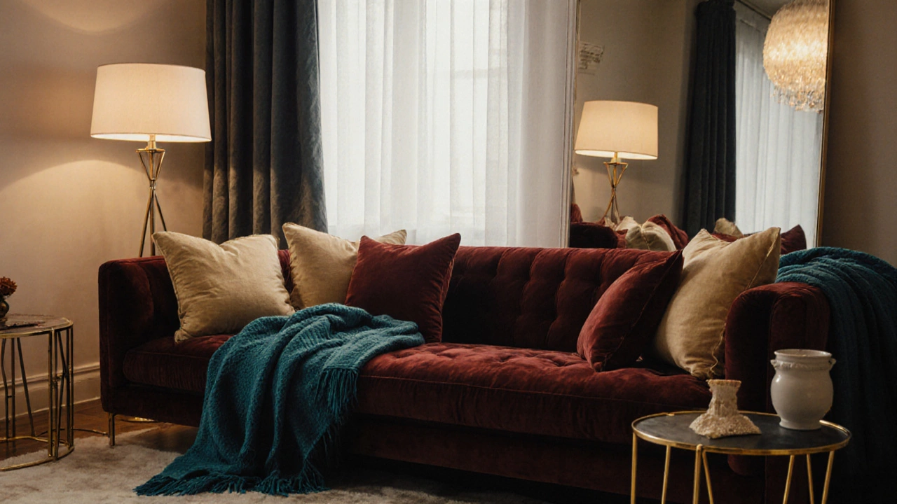 Яркий багряный диван с золотыми и бирюзовыми акцентами в уютной гостиной при теплом свете.