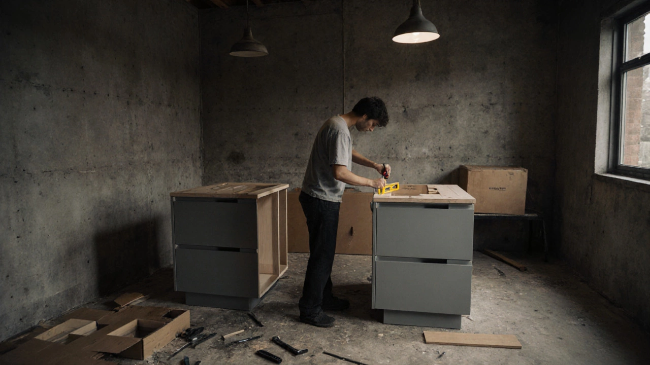 Человек собирает кухонный гарнитур самостоятельно, используя уровень и отвертку.