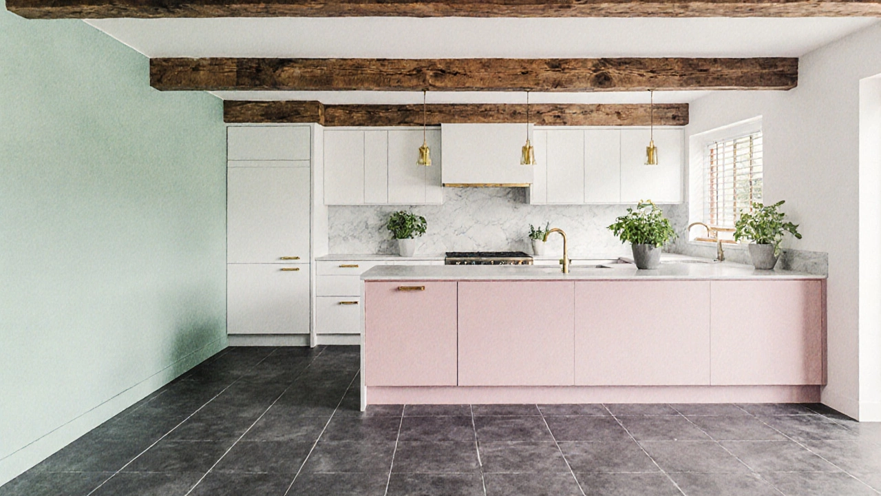 Иллюстрация кухни, где стены мятные, остров с розовым акцентом, пол угольный серый, деревянные балки и золотая фурнитура.