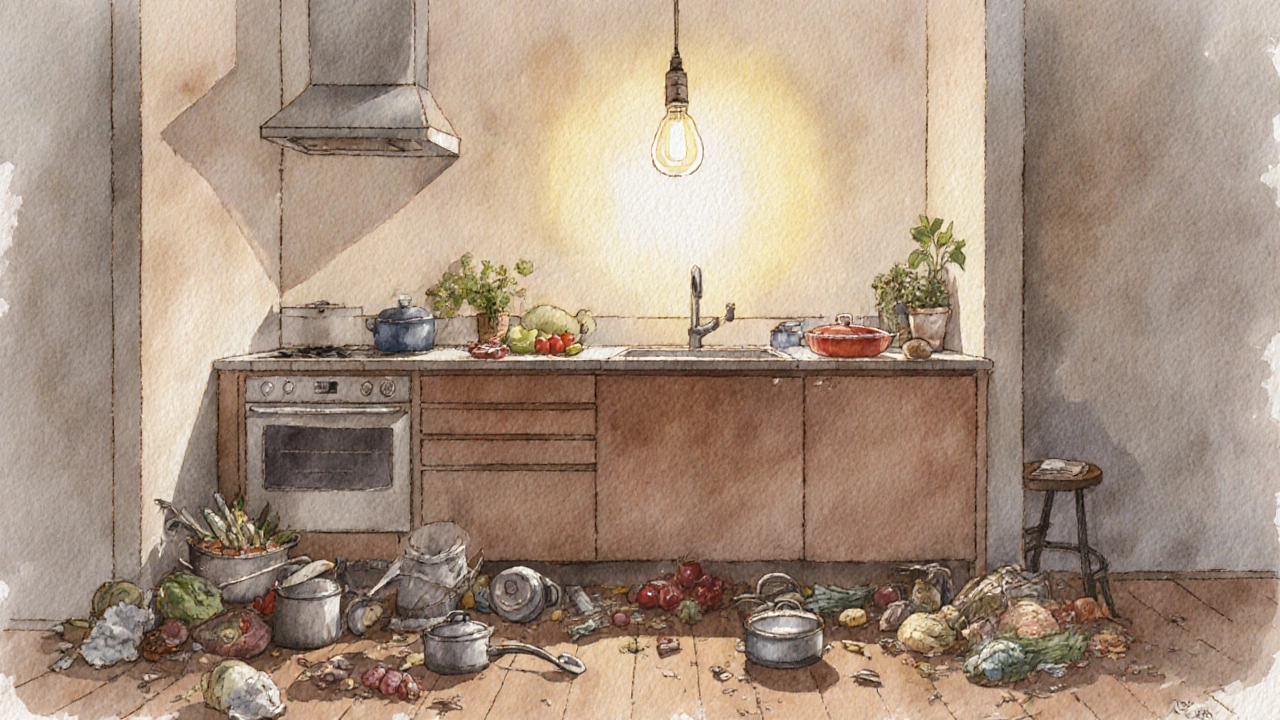 Кухонный гарнитур как центр порядка в маленькой квартире, противопоставленный хаосу вокруг.