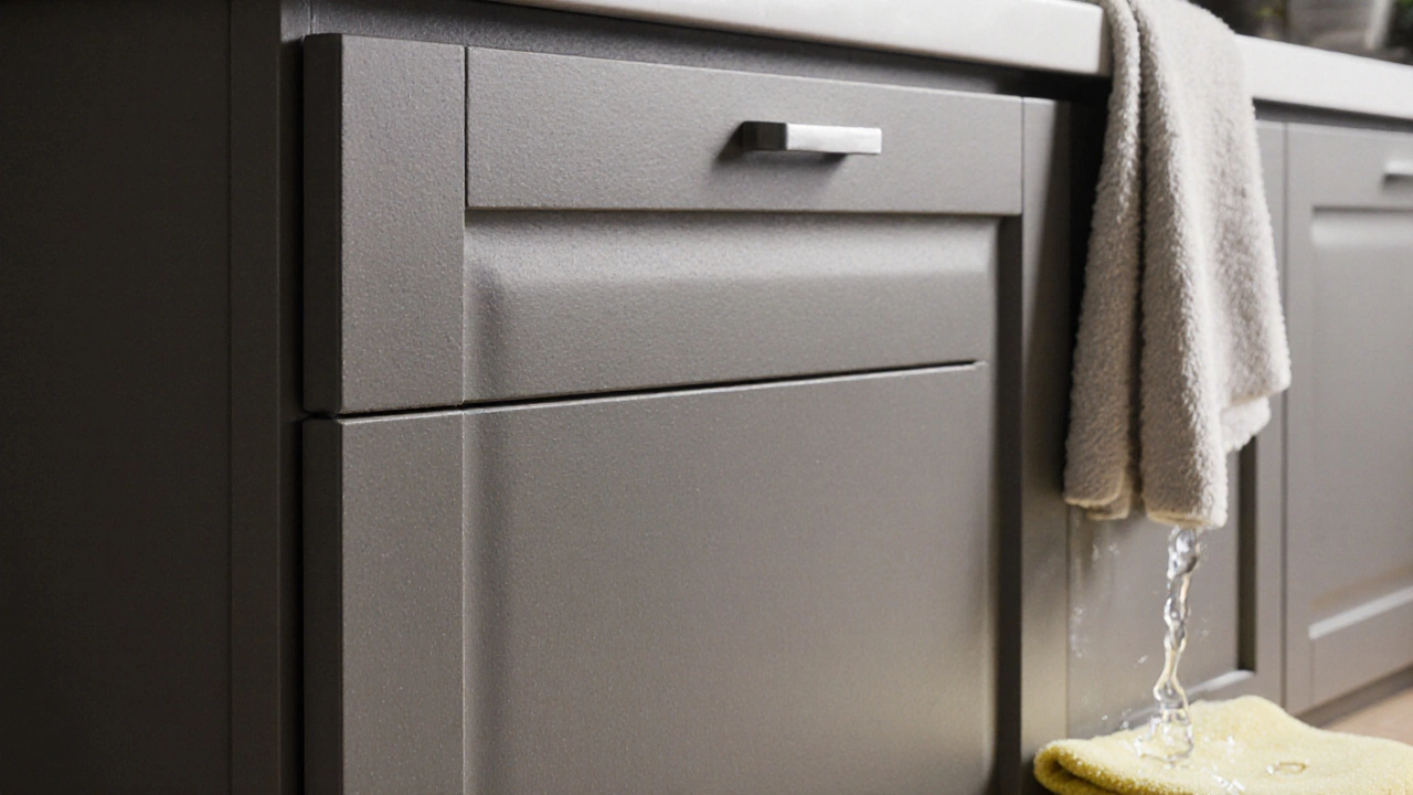 Матовые фасады из МДФ без отпечатков и пятен, с влажной тряпкой рядом.