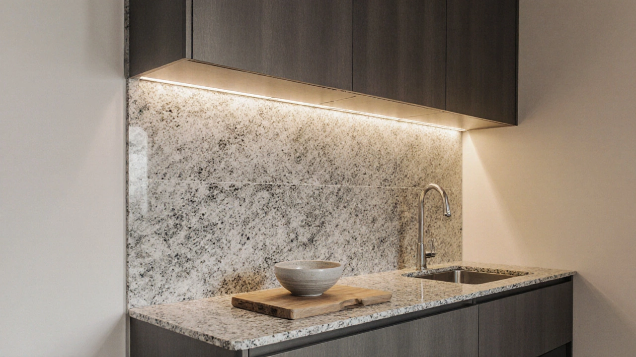 Монолитная керамогранитная панель без швов в минималистичной кухне