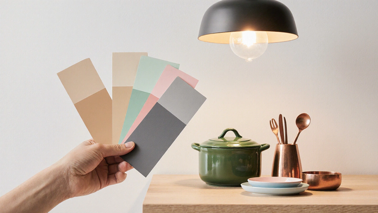 Рука дизайнера держит образцы краски бежевого, мятного, розового и серого рядом с миниатюрной моделью кухни и аксессуарами.