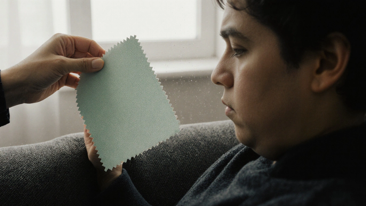 Рука кладет бледный образец ткани на темный диван, человек сидит, выглядя уставшим.