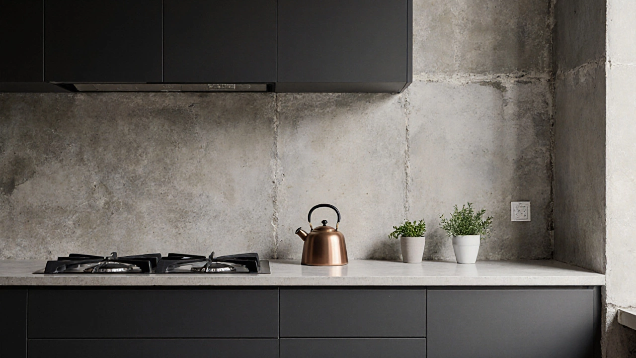 Текстурированная бетонная стена с гидрофобной пропиткой в лофтовой кухне