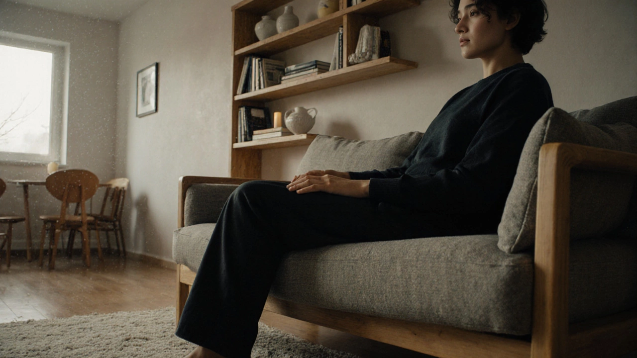 Человек сидит на диване, проверяя его комфорт, за ним — полки с книгами и керамикой, телевизора нет, между диваном и стеной — свободный проход.