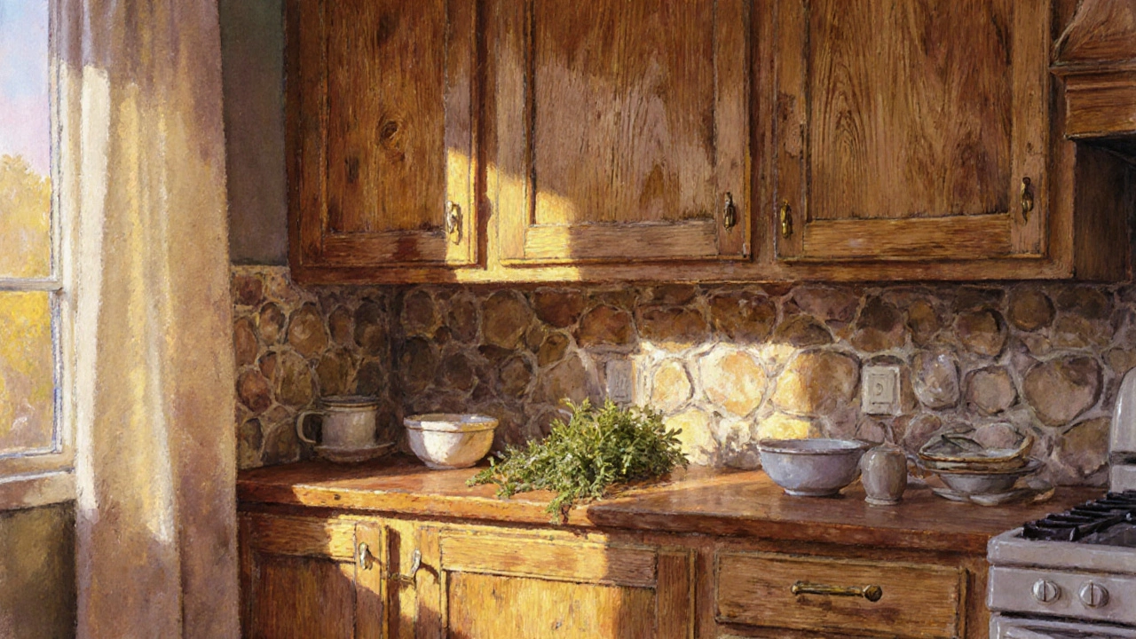 Деревянные фасады из дуба с теплой текстурой и бронзовыми ручками в деревенском стиле.