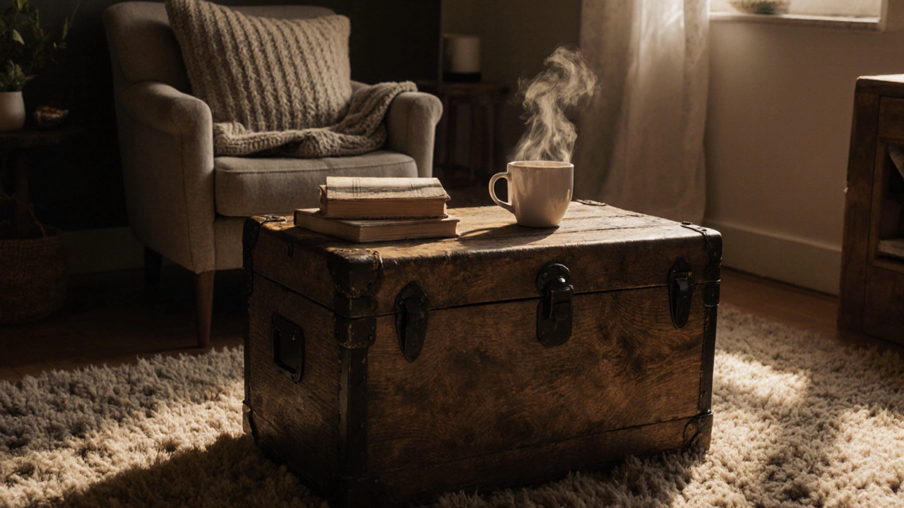 Деревянный сундук с пледом и чашкой кофе у кресла в уютной гостиной.