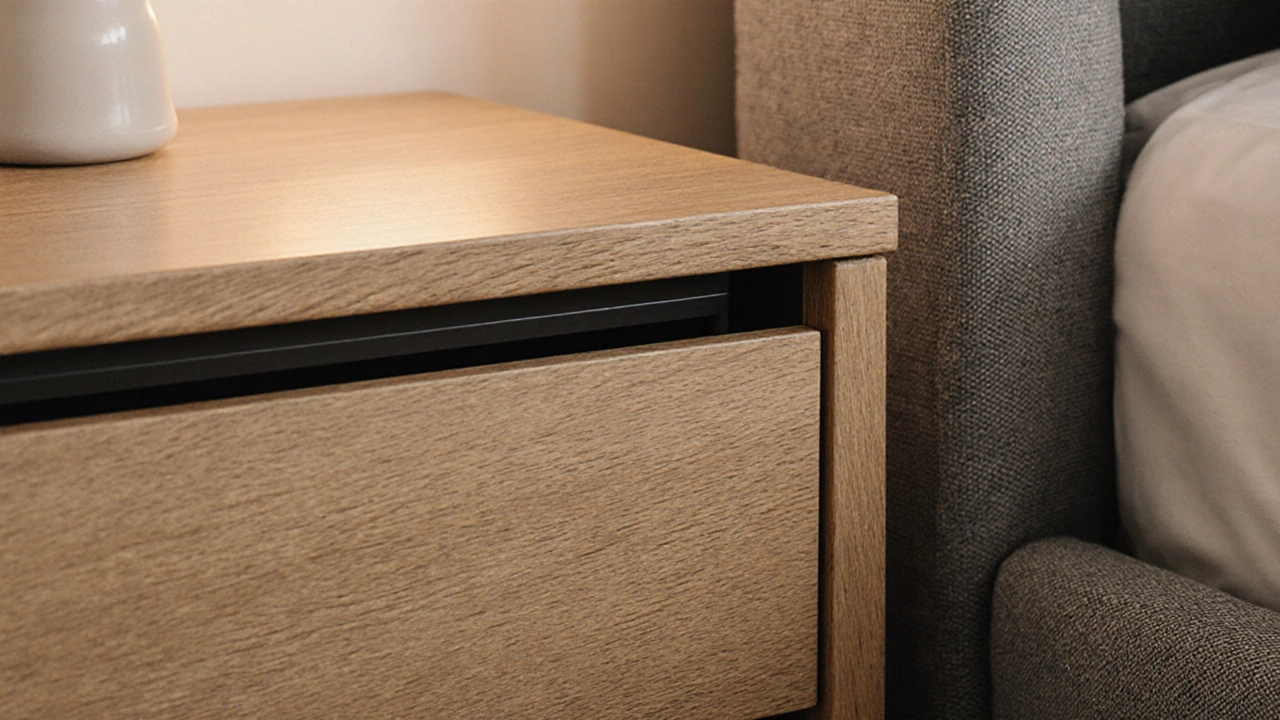 Деталь деревянной тумбочки с плавно открывающимся ящиком и тканевым изголовьем.
