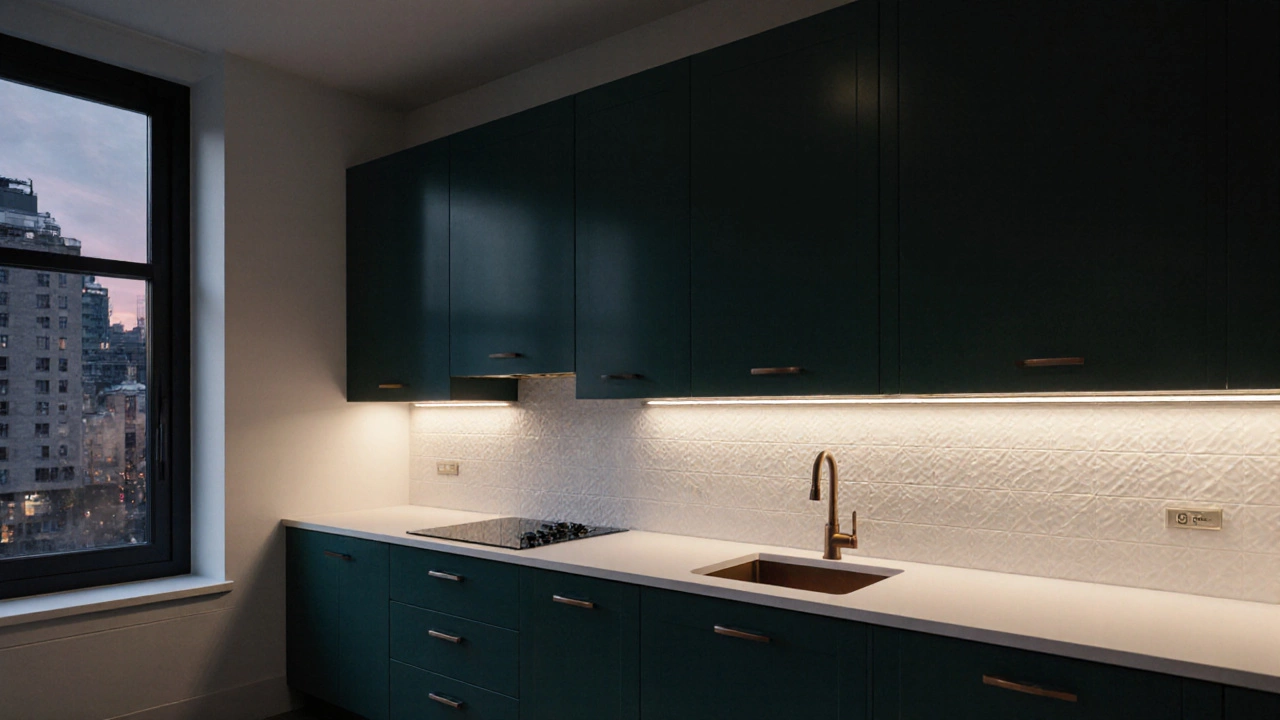 Глубокий смольно-зеленый гарнитур с подсветкой и белым керамогранитным фартуком в темном интерьере.