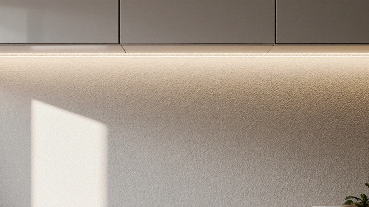 Матовые обои под штукатурку с легким перламутром, светодиодная подсветка, отсутствие бликов, ощущение простора.