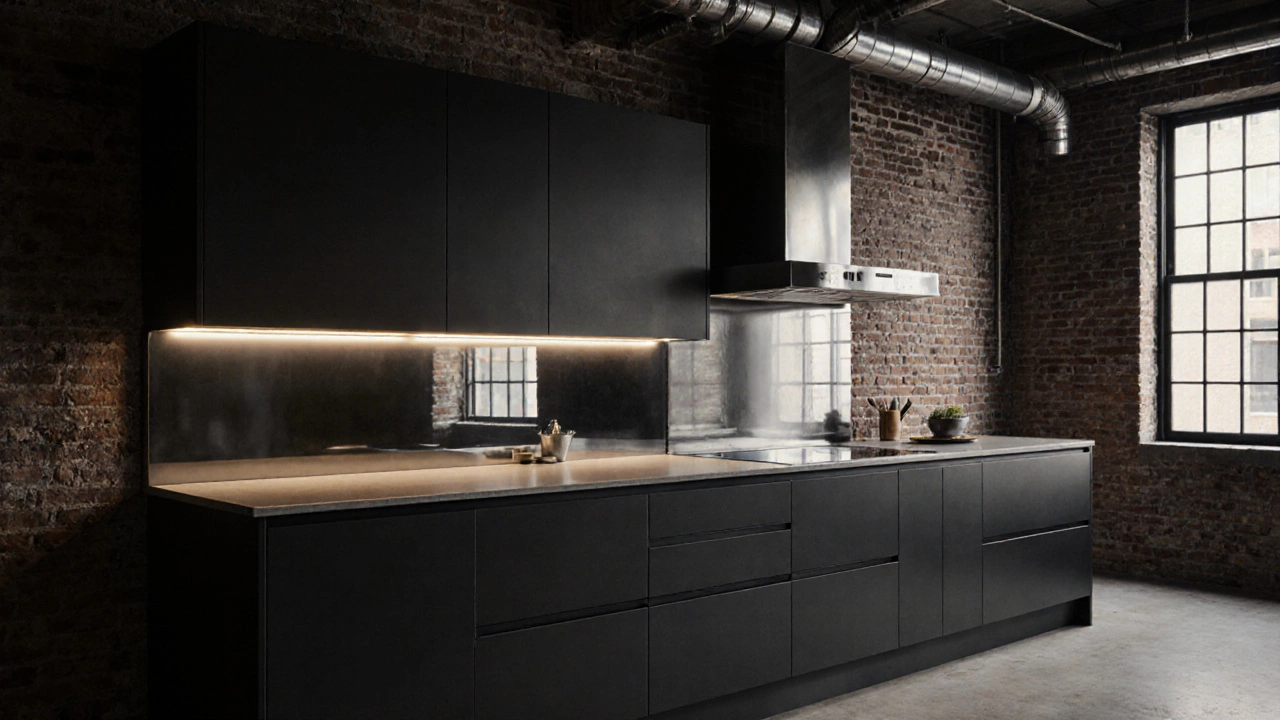 Металлические фасады с подсветкой в стиле лофт на фоне кирпичной стены.