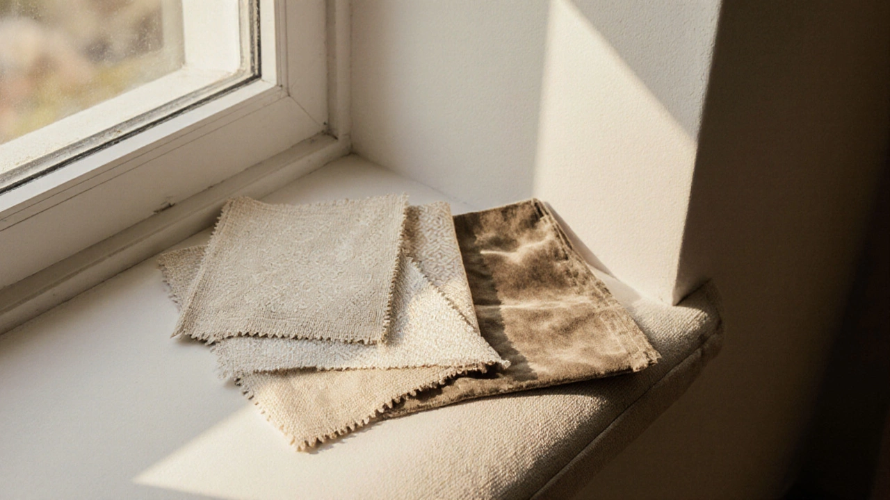 Образцы тканей рядом с диваном у окна, показывающие игру света на оттенках.