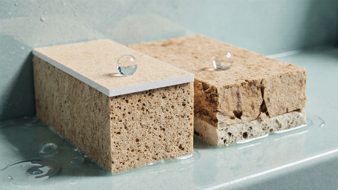 Разрезы МДФ и ДСП на влажной поверхности: МДФ — однородный, ДСП — с крупными опилками и водой, проникающей внутрь.