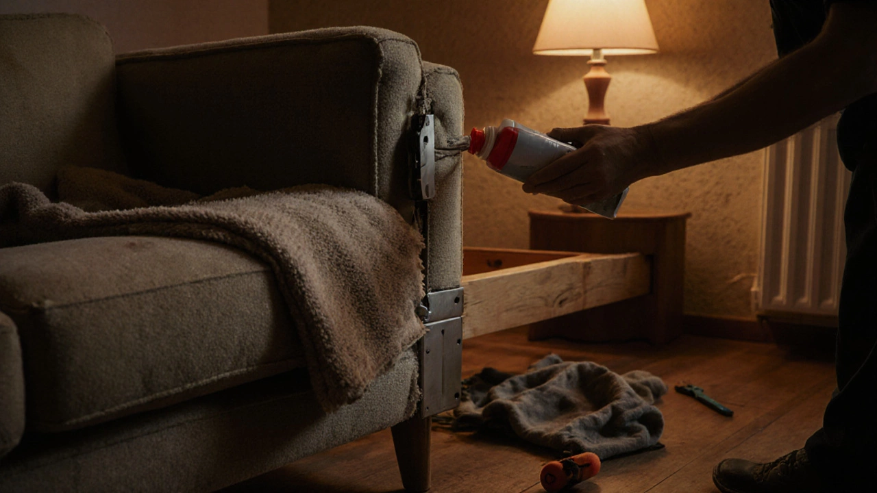 Ремонт дивана: мастер заменяет обивку и смазывает механизм в уютной комнате.