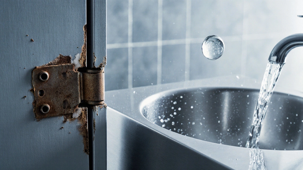 Ржавый старый шкаф рядом с блестящей стальной тумбой в ванной.