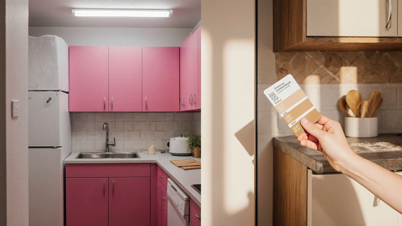 Сравнение: ярко-розовый гарнитур слева и теплый песочный справа — как цвет влияет на ощущение пространства.