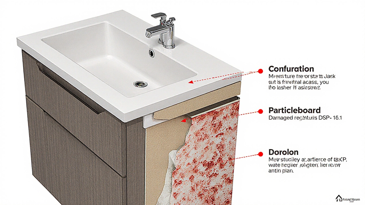 Сравнение внутренней структуры влагостойкого и поврежденного материалов в мебели для ванной.