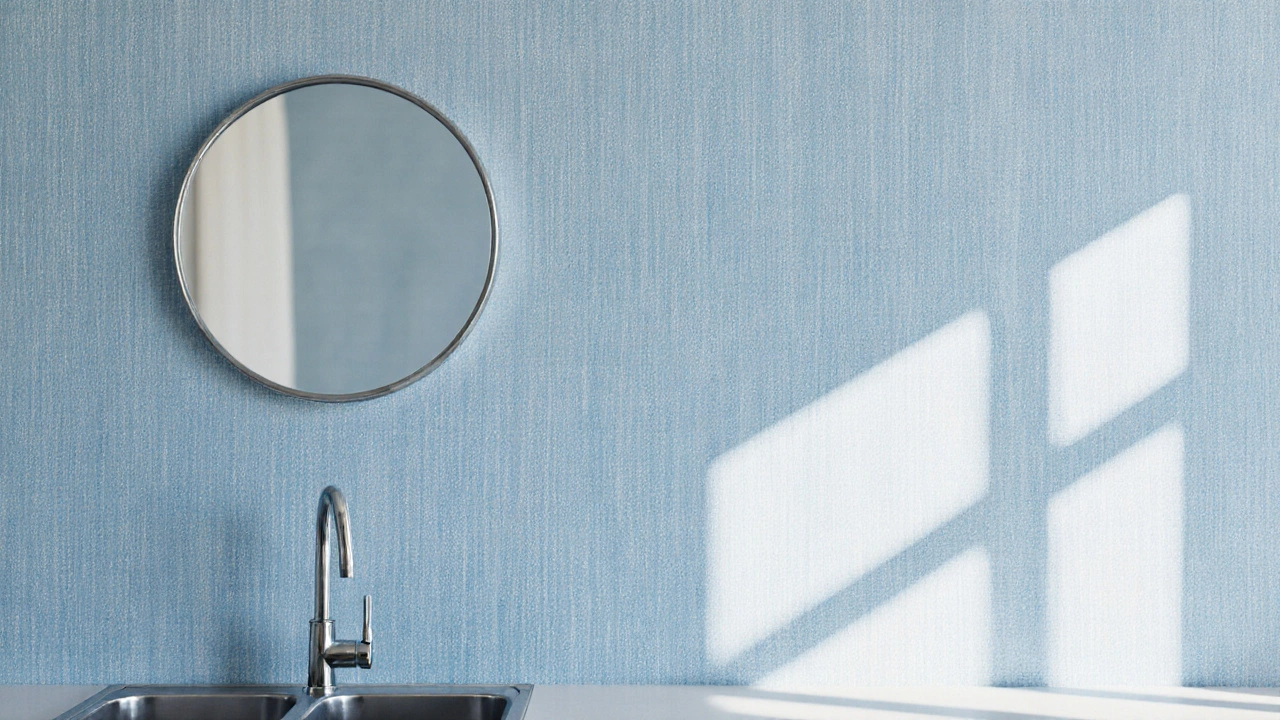 Светло-голубые обои с текстурой льна, мягкий свет, зеркало над раковиной, спокойная атмосфера.