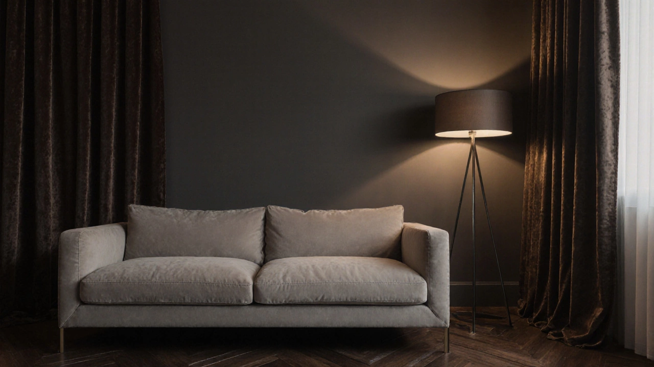 Темно-коричневые бархатные шторы с серо-бежевым диваном в современной гостиной.