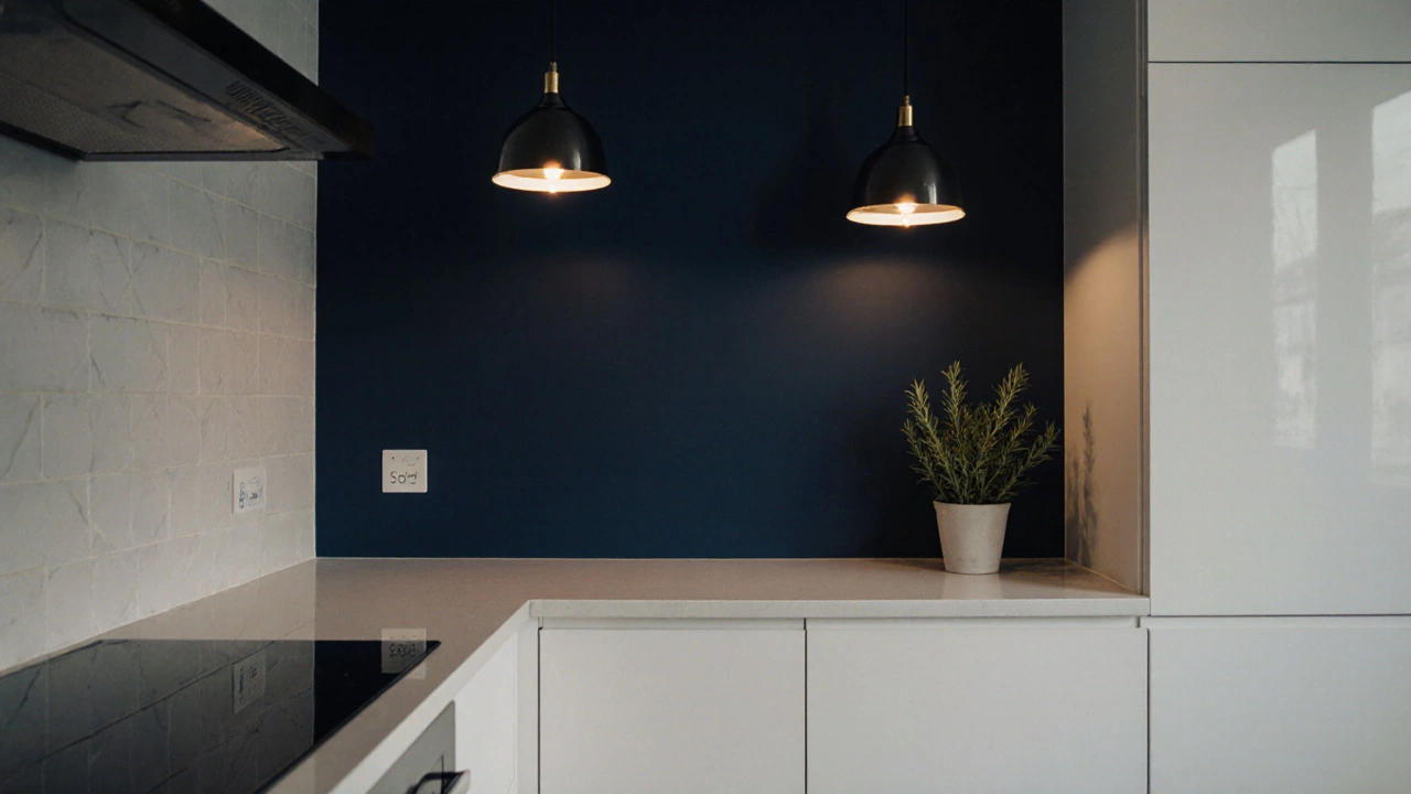 Темно-синяя акцентная стена на кухне с белыми шкафами и теплым светом, розмарин на подоконнике.