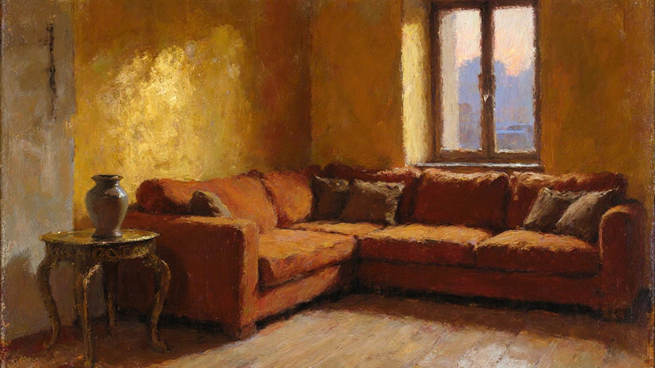 Терракотовый диван с глиняными подушками у окна в золотисто-медовой гостиной.