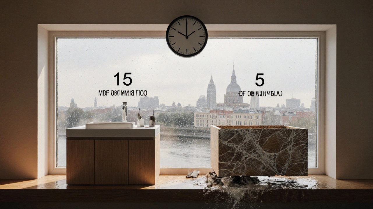 Тумба МДФ служит 15 лет, ДСП — только 5: ванная с видом на Санкт-Петербург, символизирующая влажный климат и долговечность.