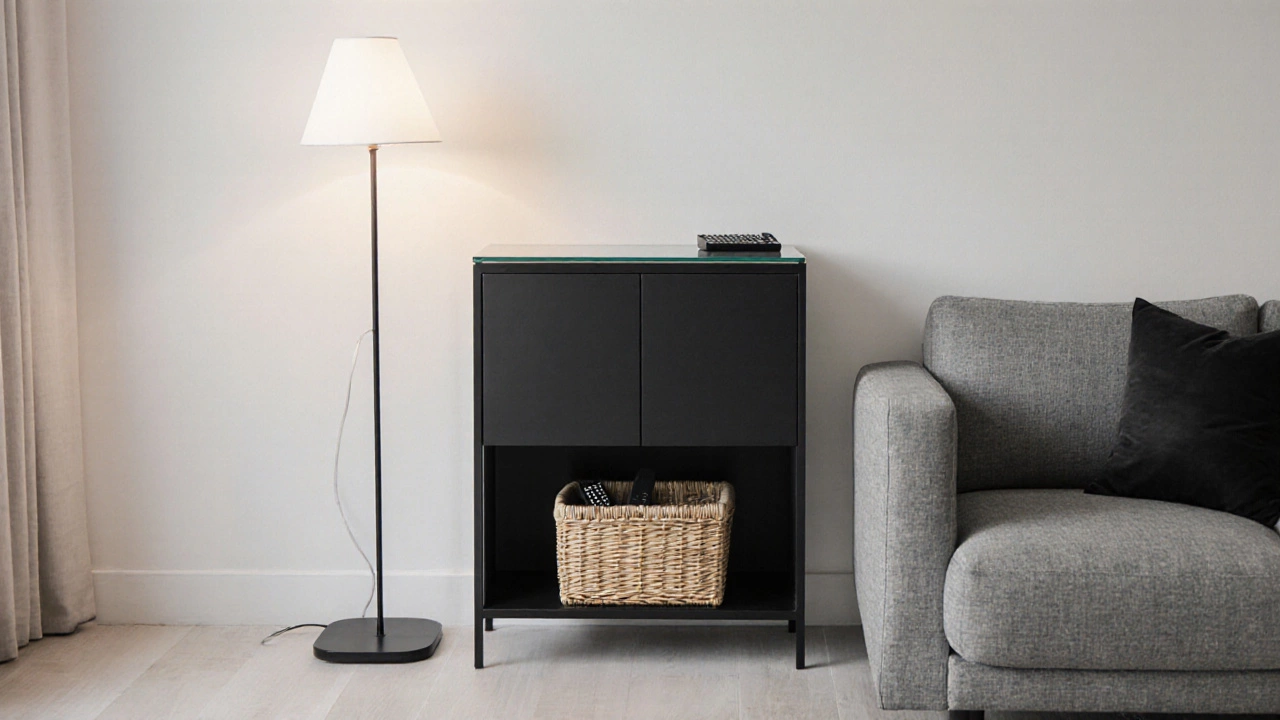 Узкая тумба с дверцами и корзиной под столешницей у дивана в минималистичной комнате.