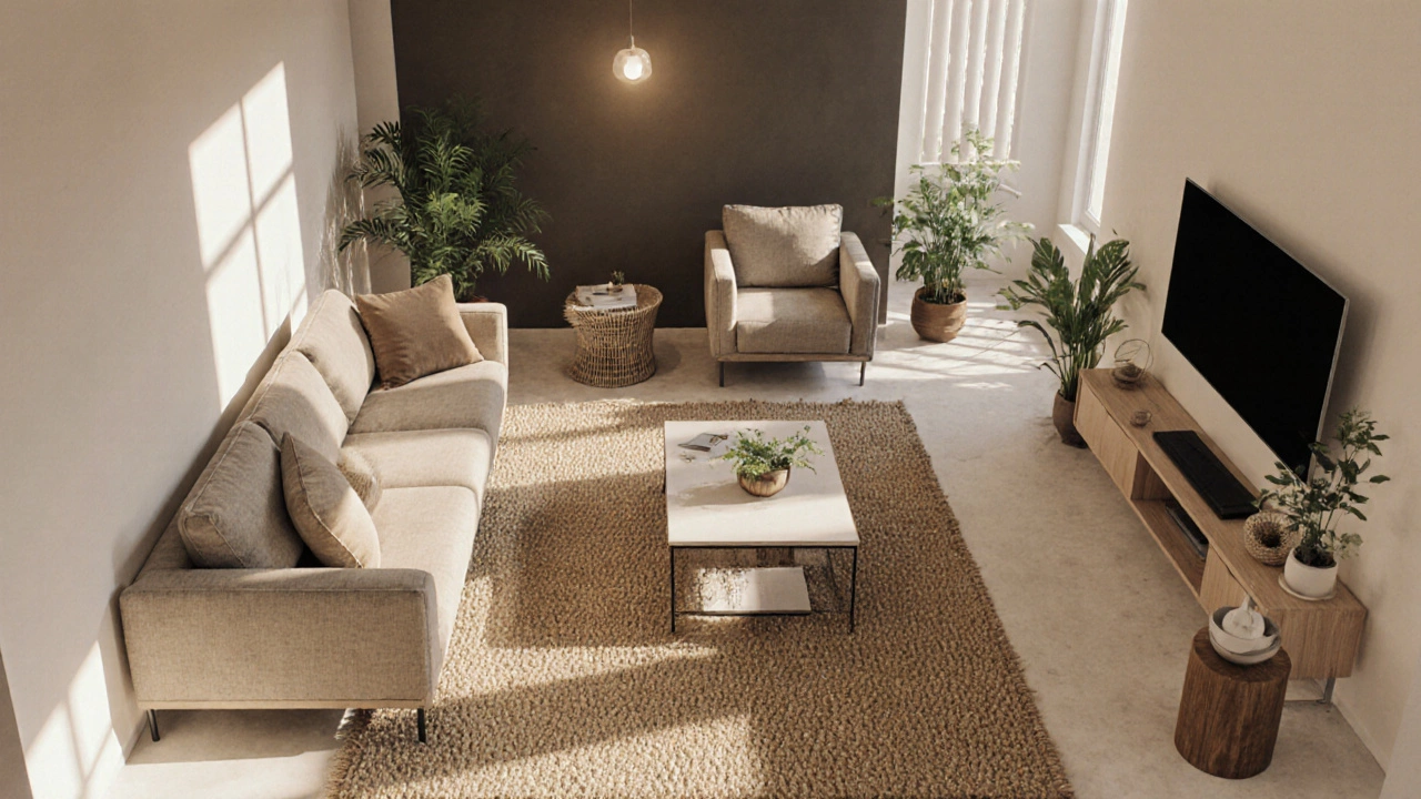 Вид сверху на гостиную с правильно расставленной мебелью, большим ковром, растениями и мягким освещением, без зеркал напротив ТВ и перегруза мебелью.