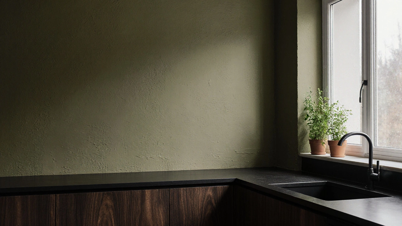 Зеленая стена в кухне с темным деревом и горшками с травами, мягкий дневной свет.