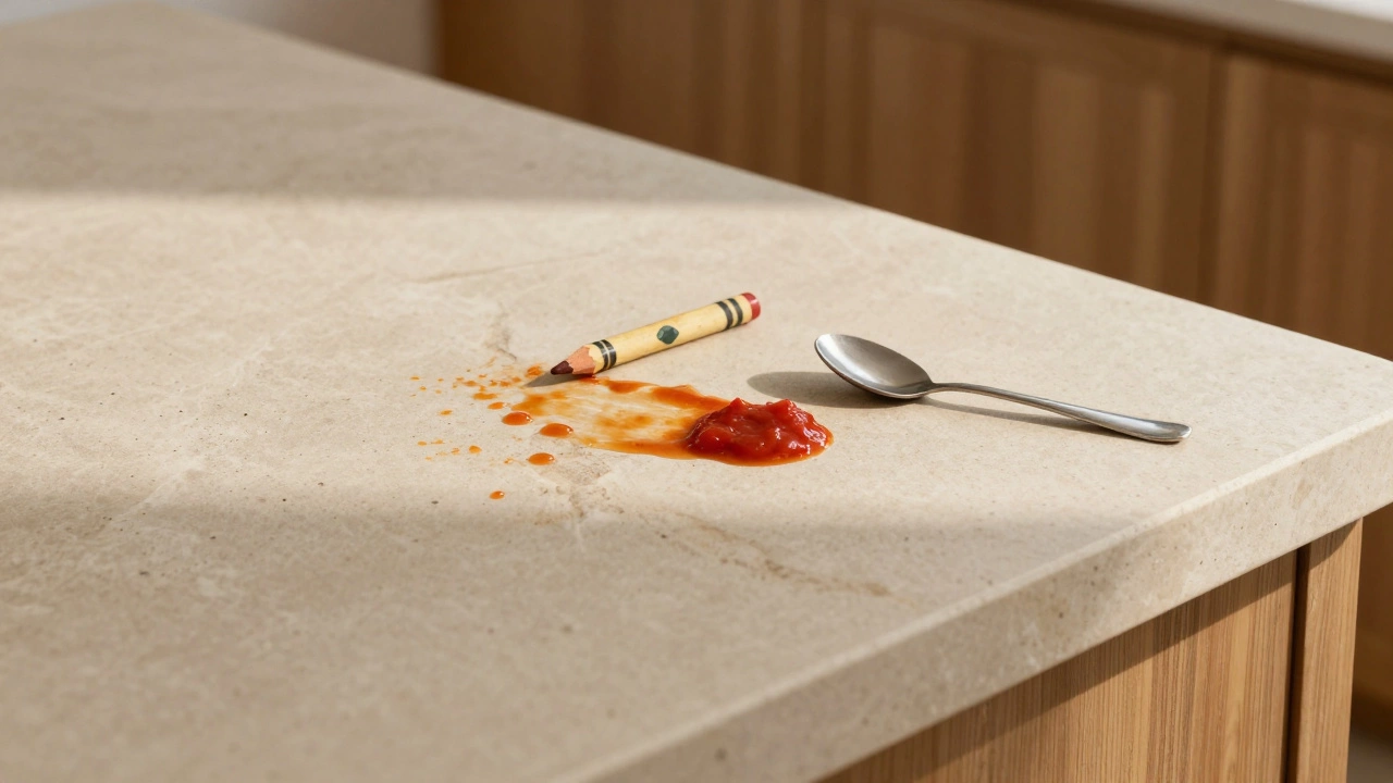 Бежевая каменная столешница с естественной текстурой, на которой не осталось пятна от томатного соуса.