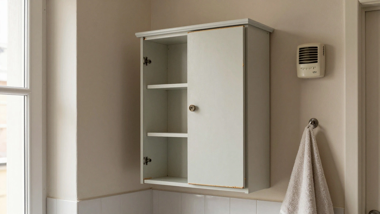 Двадцатилетняя тумба из ДСП в ванной Санкт-Петербурга, установленная с зазором для вентиляции, рядом с вытяжкой.