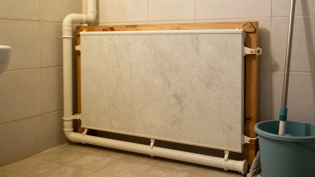 Короб труб, облицованный ПВХ-панелями под мрамор, в старой советской ванной комнате.