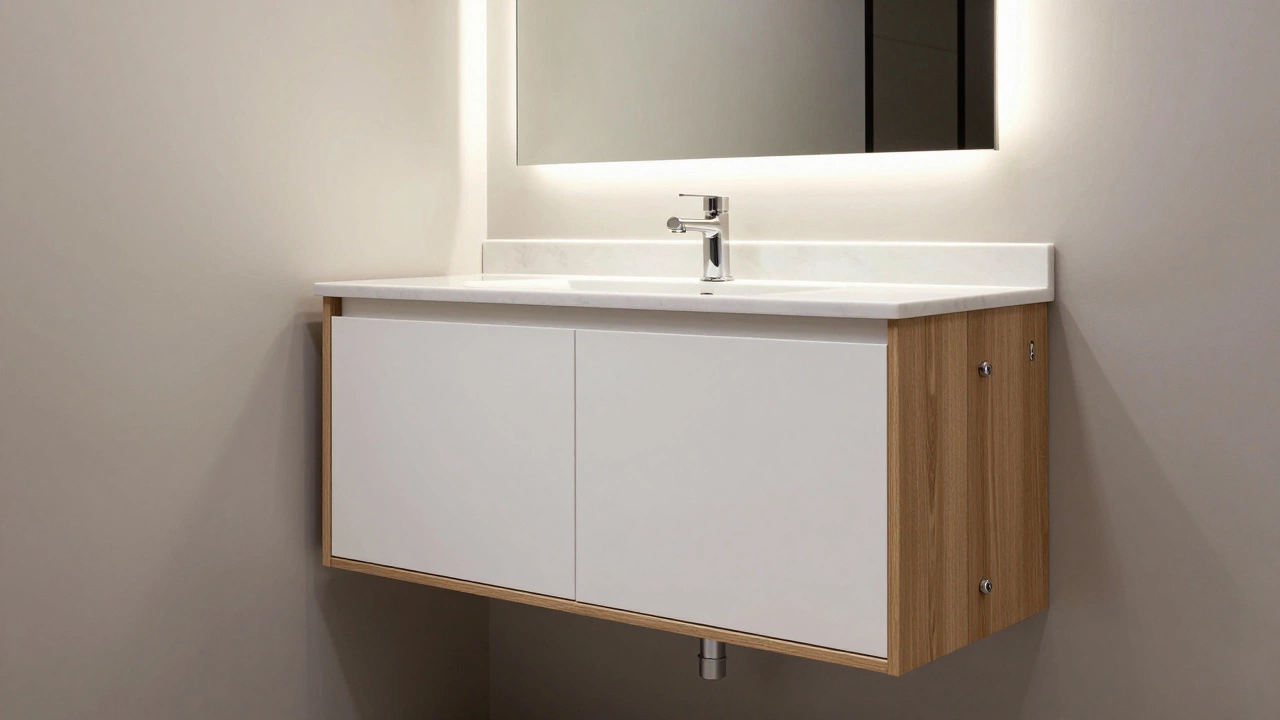 Мебельный шкаф-короб с зеркальной дверью, скрывающий трубы в современной ванной.