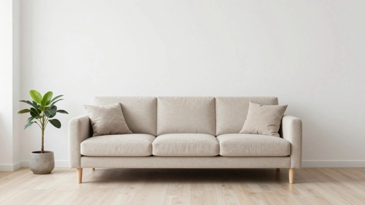 Минималистичный бежевый диван в скандинавском интерьере с натуральными материалами.