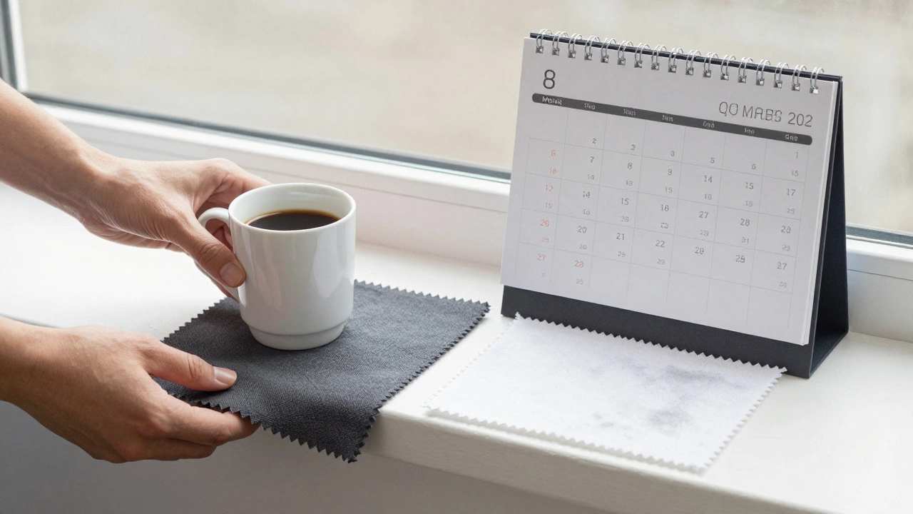 Образец ткани на подоконнике: темный оттенок остается чистым, светлый — посерел за три месяца.