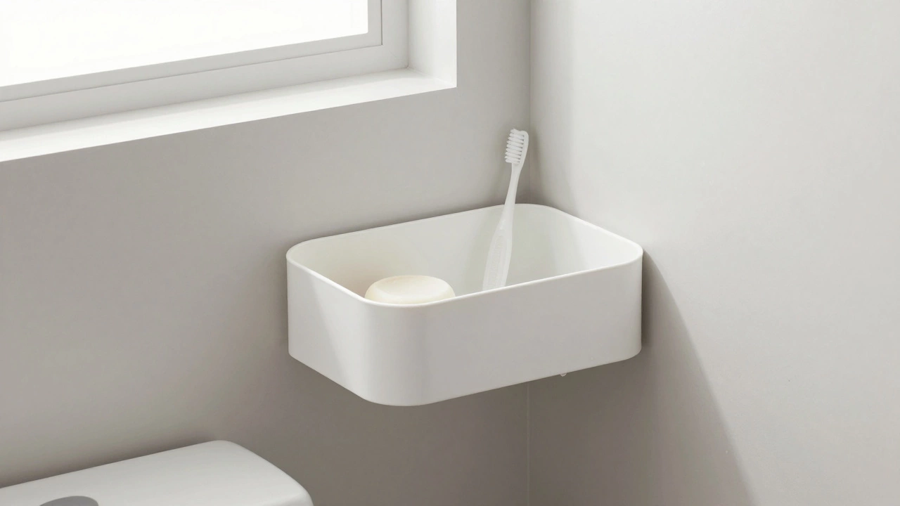 Пластиковая полка в углу ванной, сухая и чистая, без металла.