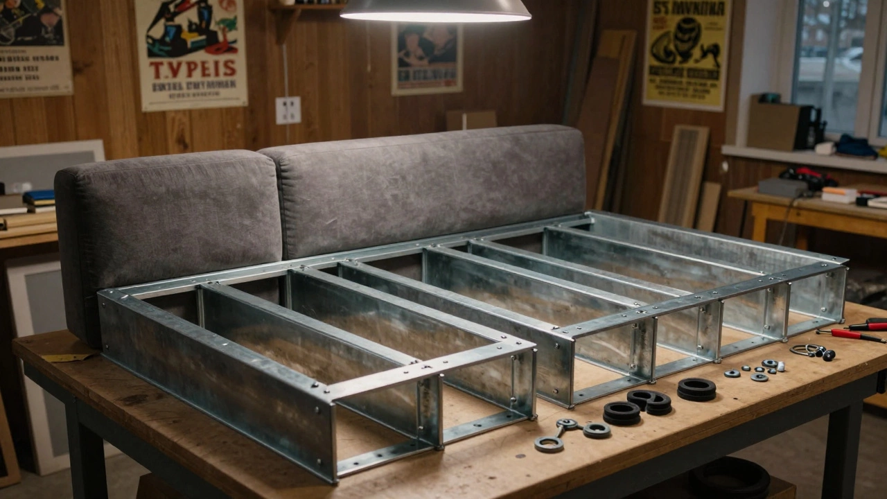 Разобранный каркас дивана с бокс-пружинами на рабочем столе в мебельной мастерской.