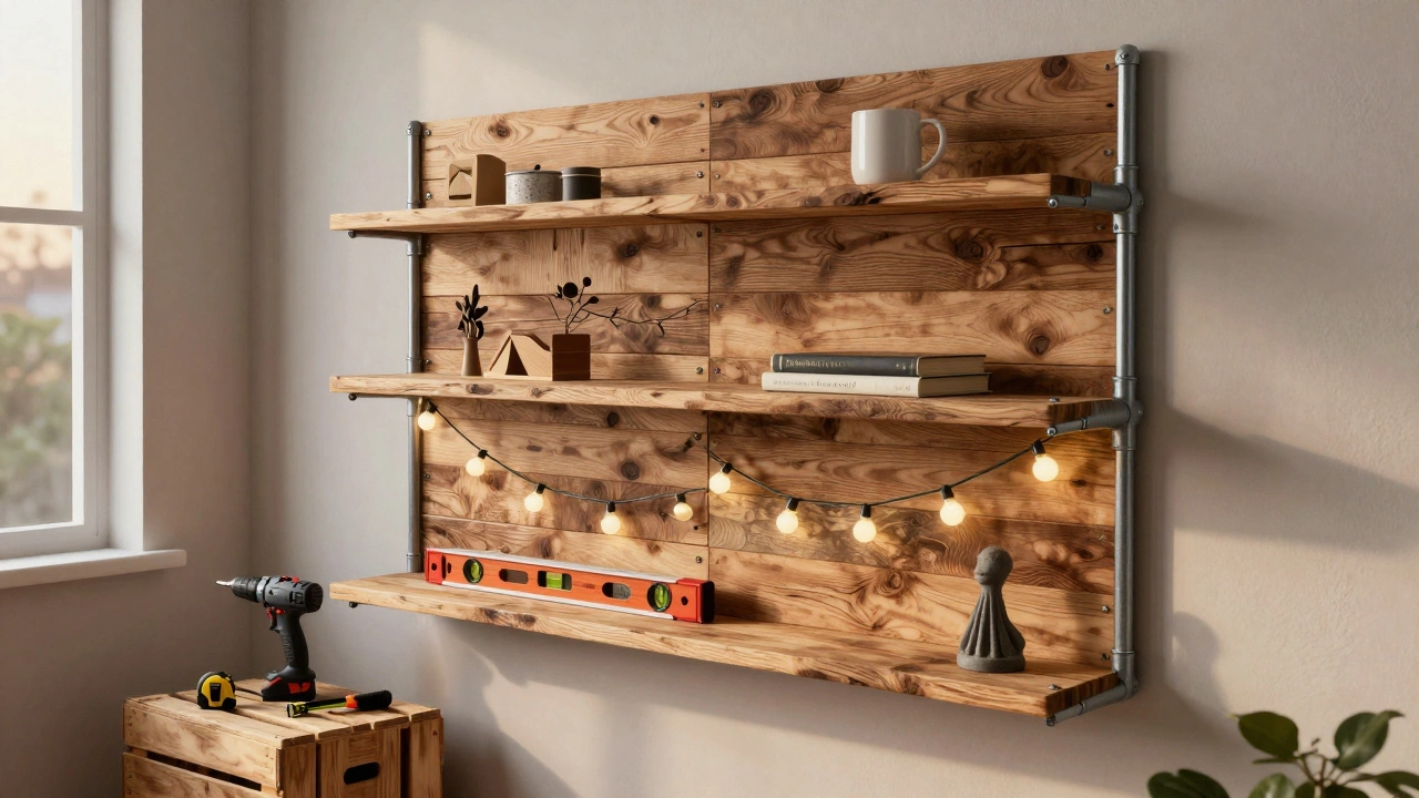 Самодельная стенка из дерева и труб с лампами и личными предметами на полках.