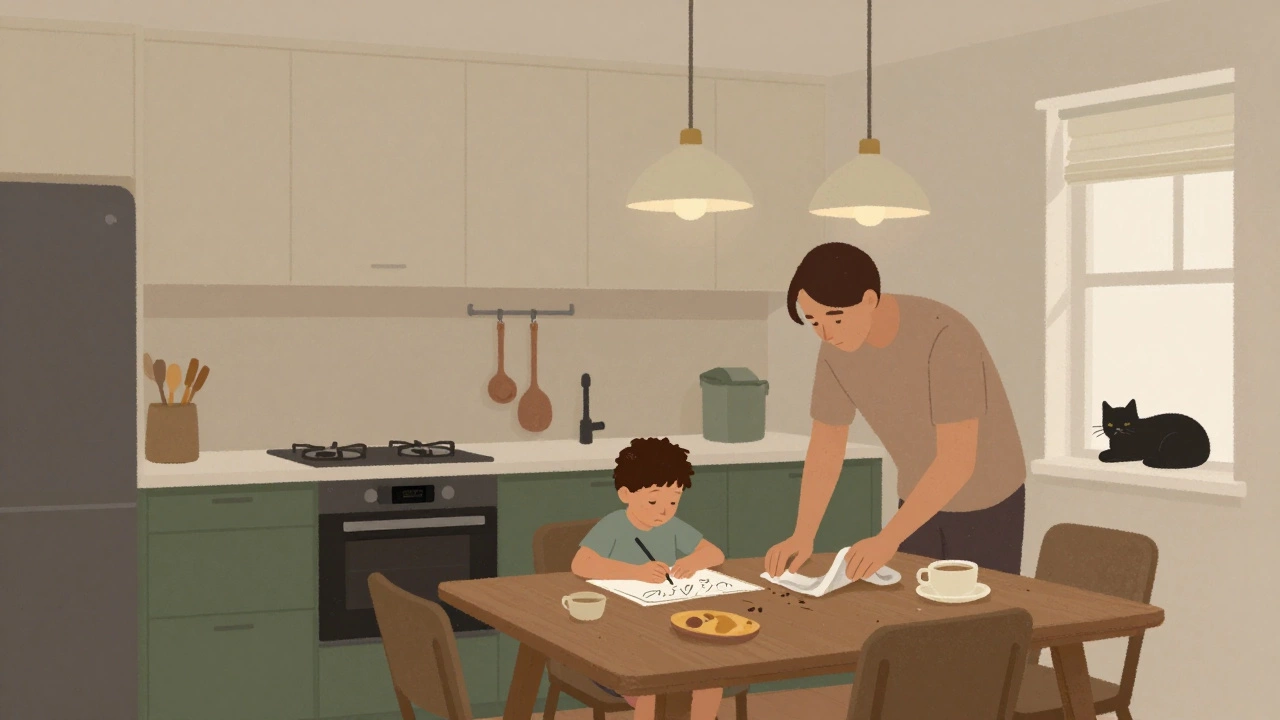 Семья за ужином на кухне с бежевыми и темно-зелеными шкафами, ребенок рисует, родитель вытирает пятно.