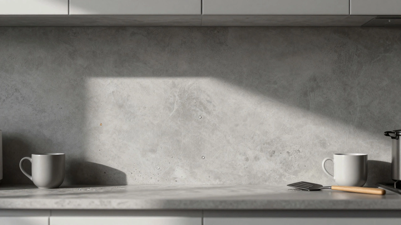 Серый фасад с бетонной текстурой, на котором почти не видны капли воды и крошки.