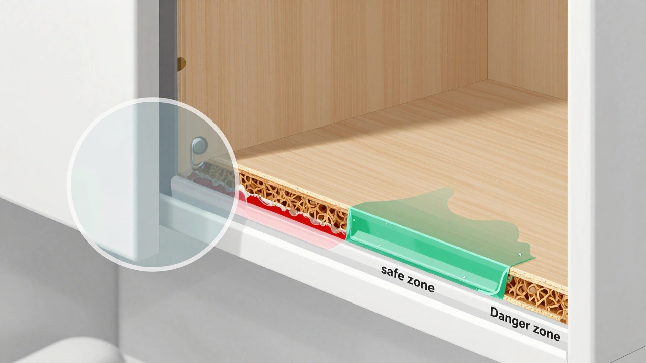 Схематичный разрез влагостойкого ДСП с защитной кромкой и обычного ДСП, поглощающего влагу, с зонами безопасности и риска.