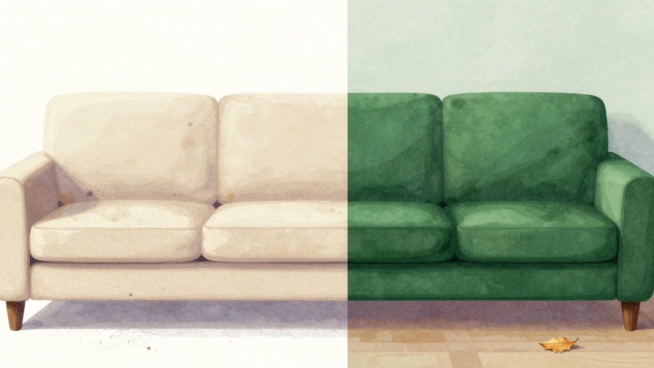 Сравнение: светлый диван с пятнами и пылью слева, темно-зеленый диван чистый справа.