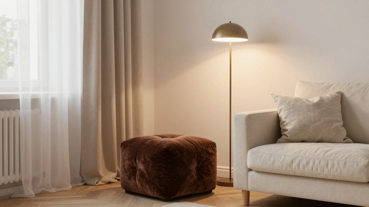 Темно-коричневый пуф из вельвета как единственный темный акцент в светлой комнате.