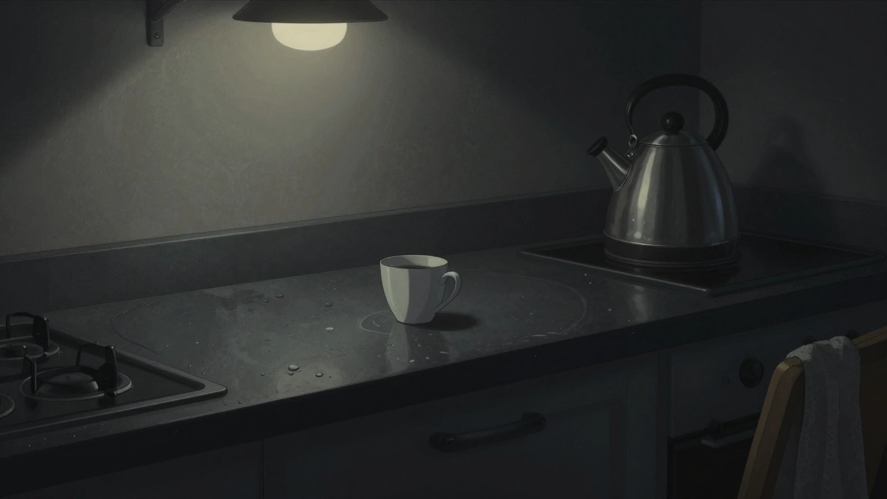 Темно-серая столешница с водяными пятнами и следами пальцев в маленькой кухне при тусклом зимнем свете.