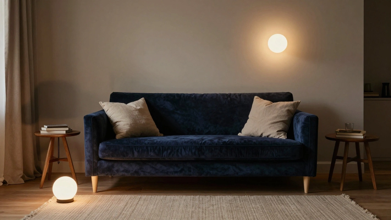 Темно-синий диван с вельветовой обивкой, подсвеченный двумя источниками света в уютной гостиной.