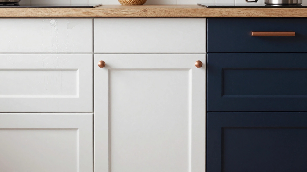 Три типа фасадов: глянцевый белый с пятнами, матовый белый без следов, темно-синий с медной фурнитурой — сравнение практичности.