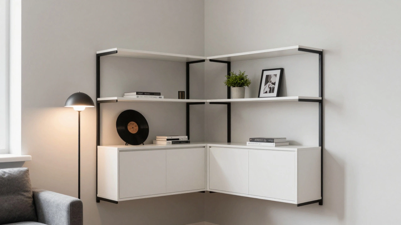 Угловая стенка в малогабаритной квартире из белого МДФ и черного металла.