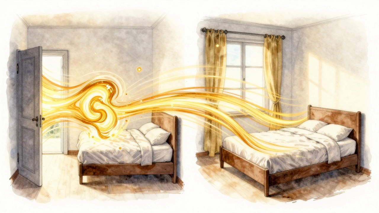 Абстрактное изображение энергии, текущей к кровати и обтекающей её, в стиле водяных красок и чернил.