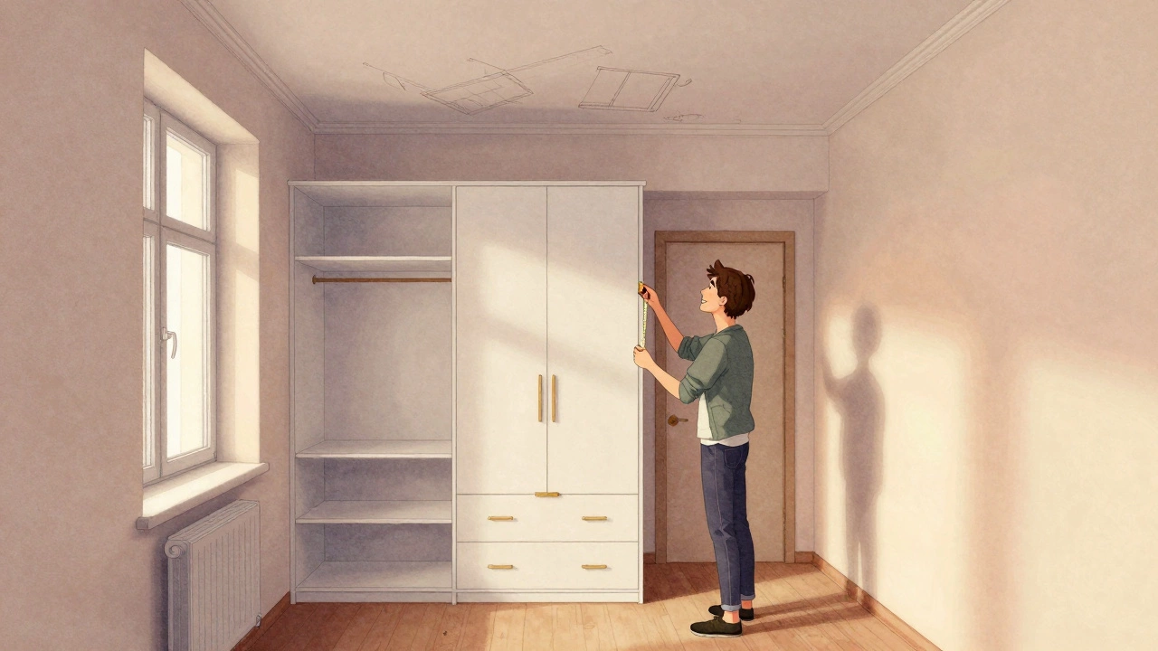 Человек в маленькой квартире смотрит на встроенный шкаф, который заменил несколько мебельных единиц, комната выглядит просторнее.